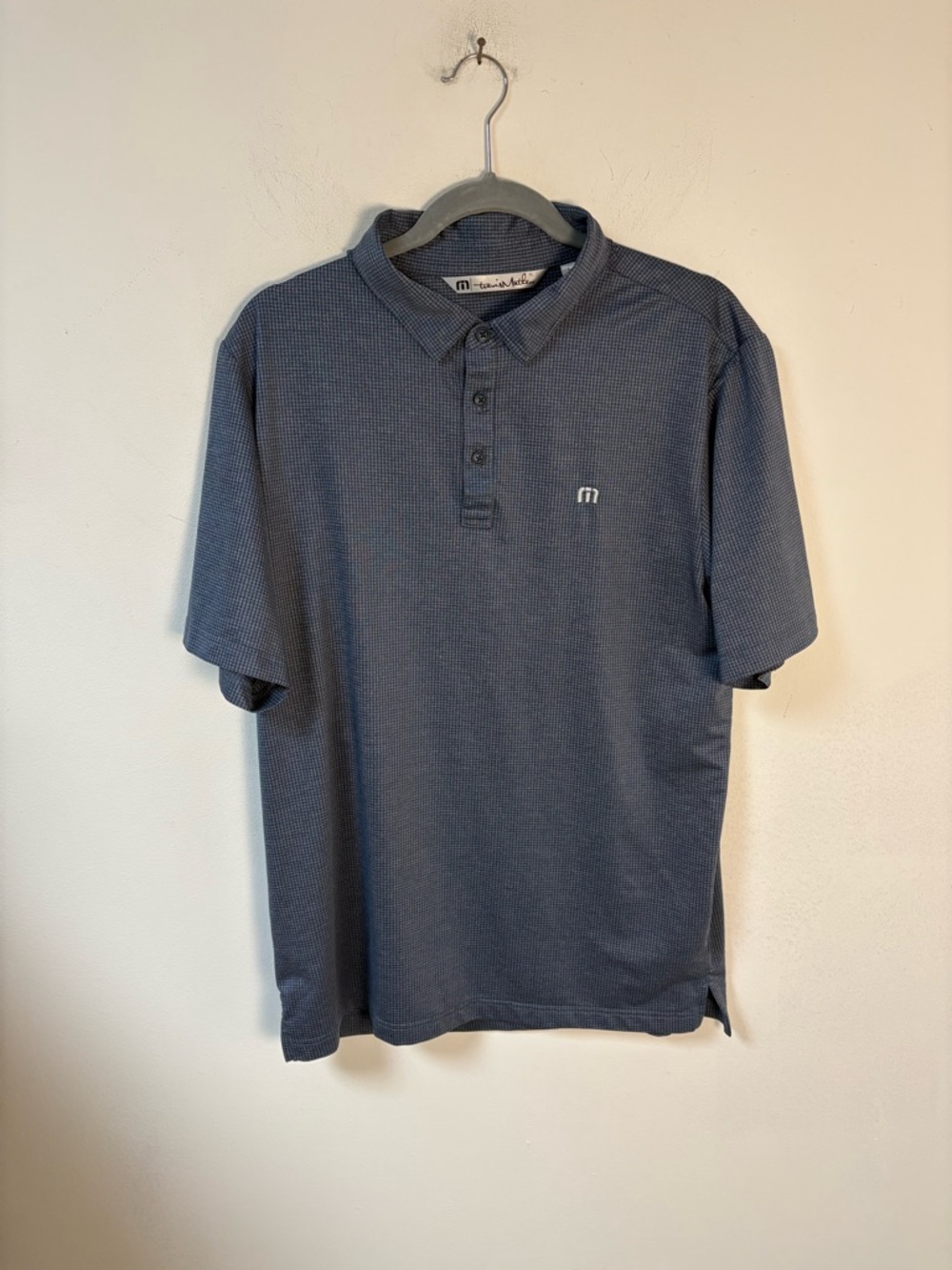 Travis Mathew Men's Short Sleeve Polo - Slate Blue Micro Check Large
